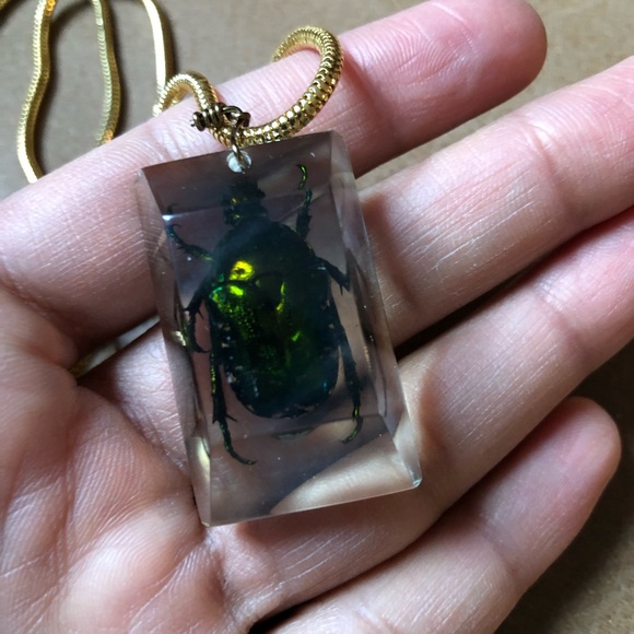 Vintage Jewelry - Beetle bug entomology necklace on snake chain